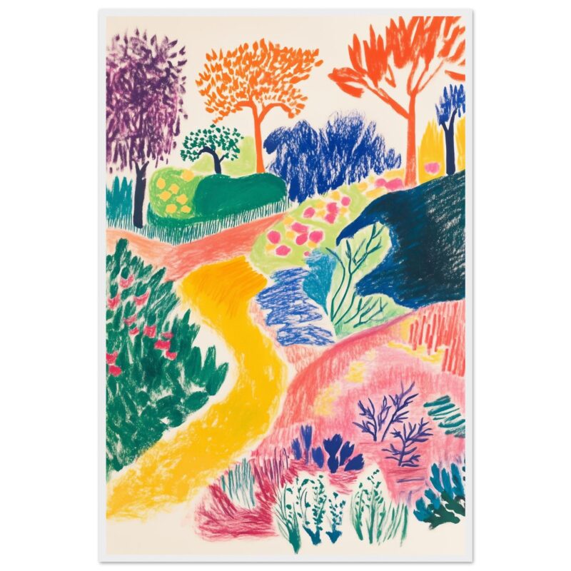 Colores vibrantes, paisaje artístico con árboles y sendero, estilo dibujo infantil, arte digital para decoración.