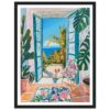 Puerta abierta con vista al mar y plantas tropicales, pintura moderna de estilo tropical y decoración de interiores.