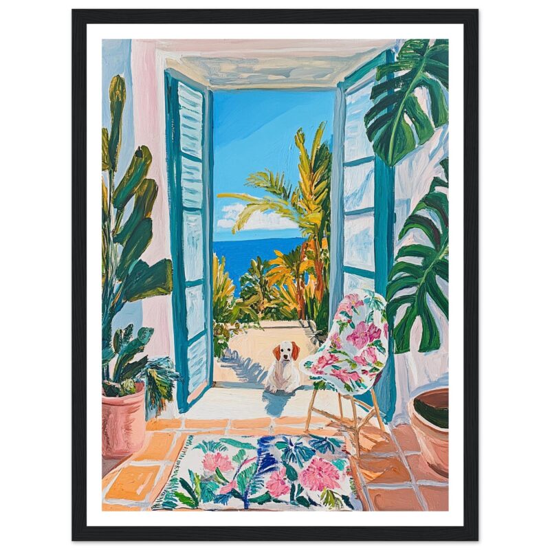 Puerta abierta con vista al mar y plantas tropicales, pintura moderna de estilo tropical y decoración de interiores.