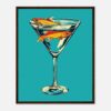 Peces en copa de cóctel, arte digital, ilustración moderna de peces en vaso, diseño llamativo para decoración, arte contemporáneo de vida marina.