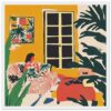 Diseño ilustración moderna con estilo artístico colorido de interiores de sala de estar con plantas y mobiliario acogedor.