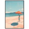 Imagen de una mujer con sombrero en la playa con paraguas y vista al mar, estilo artístico digital, cartel decorativo.