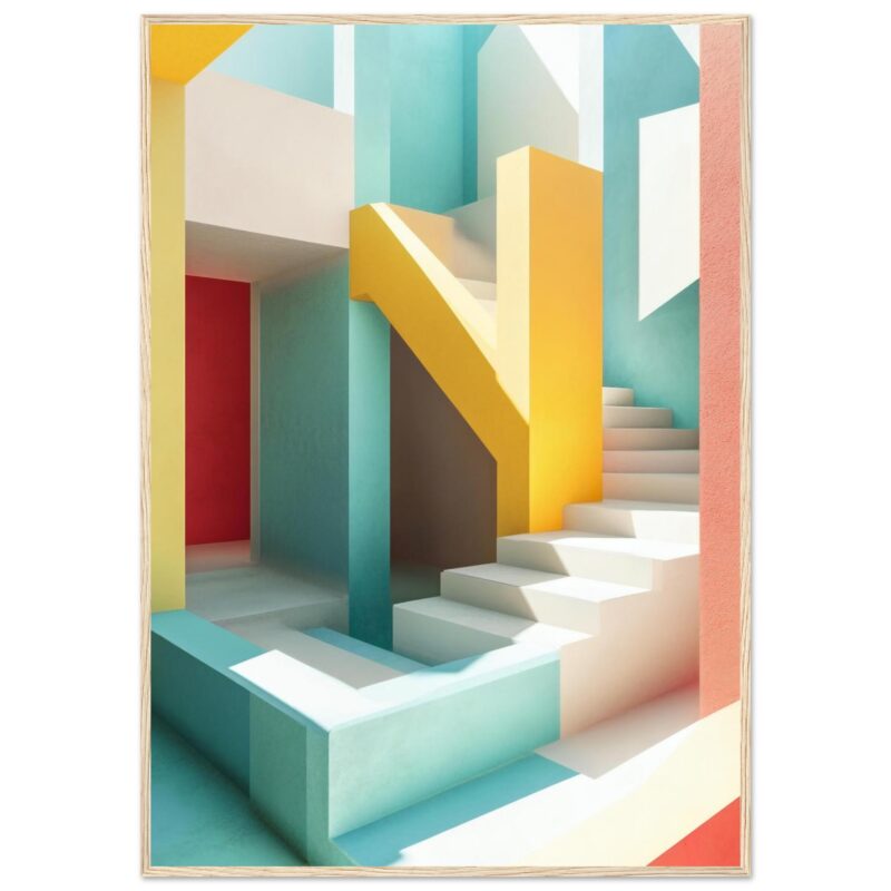 Puente y escaleras coloridas en entorno moderno y creativo.