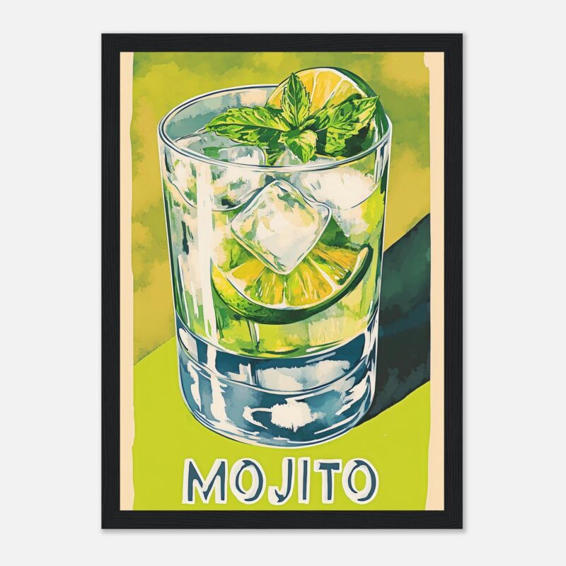 Refresco mojito con hielo, lima, hierbabuena y limón en estilo acuarela digital.