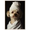 Perro con toalla y toalla en la cabeza, estilo spa, fotografía de alta calidad, mascotas, cuidado animal, imagen adorable para contenido de mascotas.
