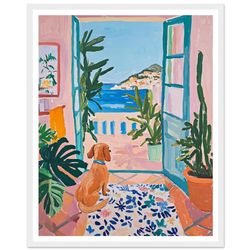 Perro sentado en un balcón decorado con plantas, mirando hacia el mar en una escena vibrante y colorida.