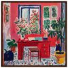 Lienzo con pintura de interior colorido y vibrante, lleno de plantas y mobiliario en estilo artístico expresionista.