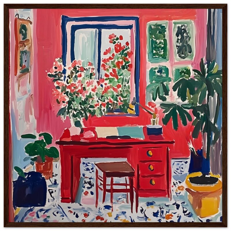 Lienzo con pintura de interior colorido y vibrante, lleno de plantas y mobiliario en estilo artístico expresionista.