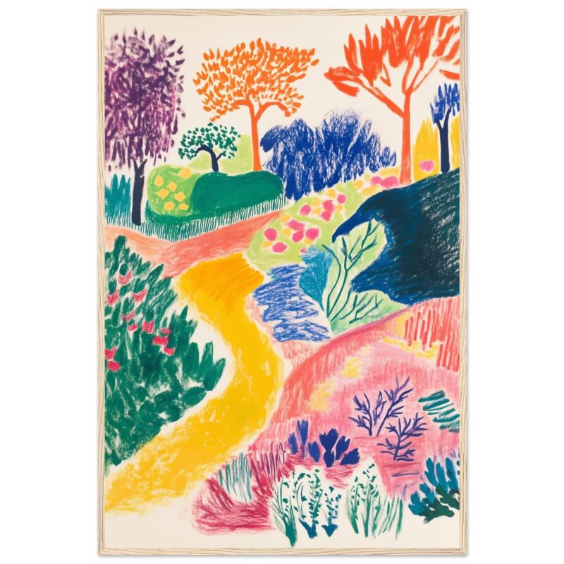 Arcoíris de colores con árboles y sendero, arte vibrante y abstracto para decoración moderna.