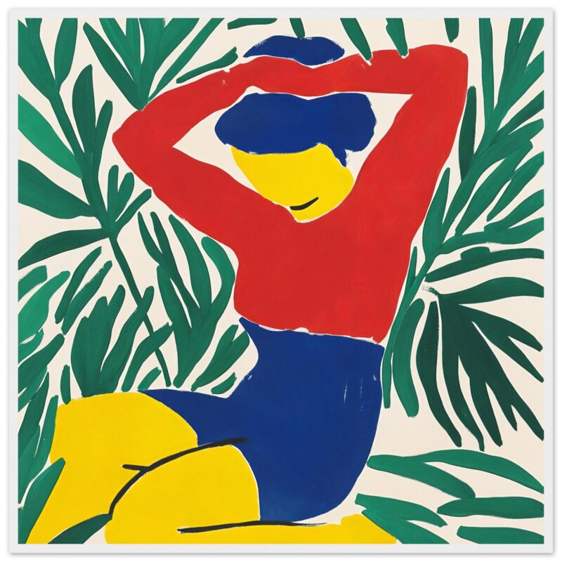 Chica con corona en estilo pop art rodeada de plantas verdes y frutas amarillas, obra moderna de Digiart Studio.