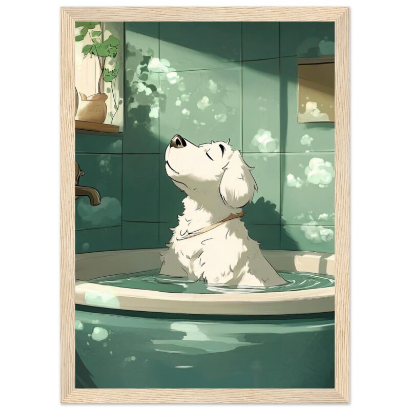 658d9bbd-7a3b-4046-95dc-2a83debda4ad.jpg Relajación de perro en bañera, ilustración digital con estilo artístico, ambiente hogareño, naturaleza y tranquilidad, representación digital de arte de mascotas.