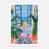 Atención a la casa de playa con vista al mar y plantas tropicales, en estilo artístico moderno y vibrante.