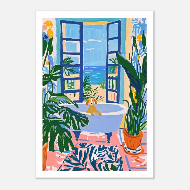Atención a la casa de playa con vista al mar y plantas tropicales, en estilo artístico moderno y vibrante.