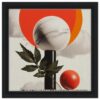 Diseño abstracto digital con esfera de mármol, hojas, y formas geométricas en tonos naranja y negro.