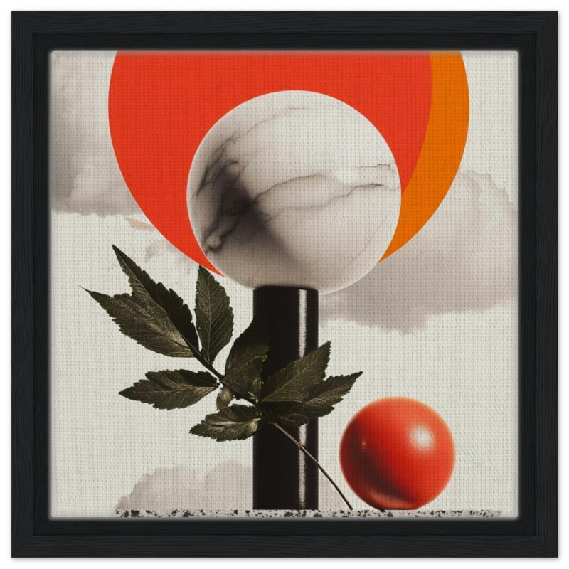 Diseño abstracto digital con esfera de mármol, hojas, y formas geométricas en tonos naranja y negro.