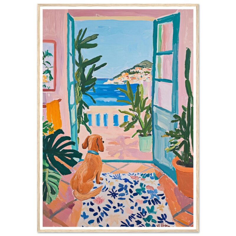 Puerta abierta con vista al mar y plantas en interiores, arte digital de estilo mediterráneo.