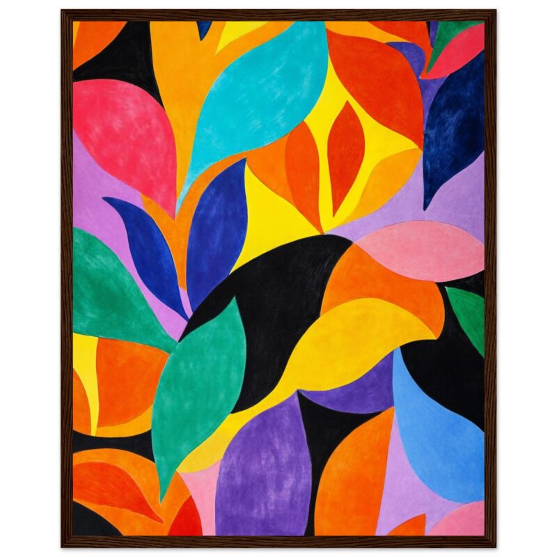 Vibrante pintura abstracta con formas y colores vivos en estilo moderno.