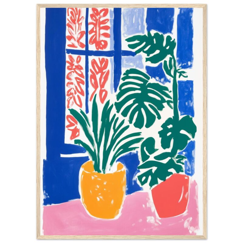 68b1c9aa-226d-48dd-b610-1480a97afa86.jpg Rosas y plantas en maceteros con fondo de ventana, estilo pintura moderna y colorida.