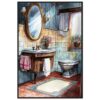 Texto alternativo: Escena de baño en estilo watercolor con lavabo, espejo y flores decorativas.