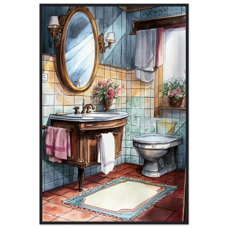 Texto alternativo: Escena de baño en estilo watercolor con lavabo, espejo y flores decorativas.