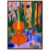 Cerca de una flauta y pinturas en un entorno natural con plantas y flores coloridas en un estilo artístico moderno.