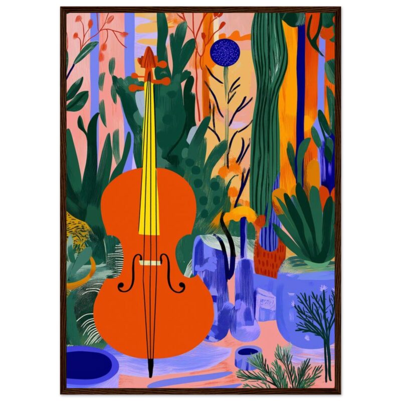 Cerca de una flauta y pinturas en un entorno natural con plantas y flores coloridas en un estilo artístico moderno.