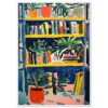 Fondo de librería con plantas y libros en estilo pintura vibrante.