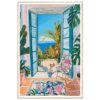 Jardín con vista al mar desde una habitación con plantas tropicales y perro en silla decorativa, estilo pintura óleo.
