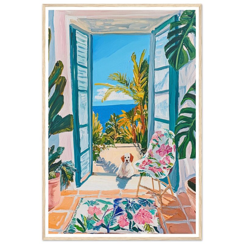 Jardín con vista al mar desde una habitación con plantas tropicales y perro en silla decorativa, estilo pintura óleo.