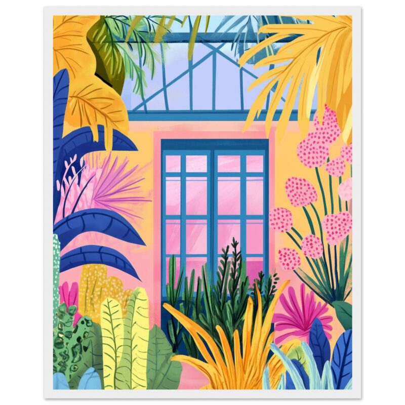 Ventana azul en una casa con paredes rosas y plantas tropicales de colores vibrantes.