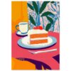 Pastel digital de una tarta de zanahoria con glaseado y cerezas, acompañado de una taza de café y decorado con plantas verdes.