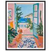 Alto texto: Pintura de estilo impresionista de una vista desde una terraza con plantas verdes y mar.