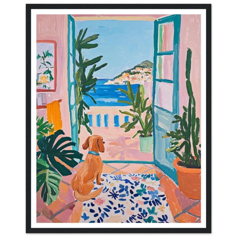 Alto texto: Pintura de estilo impresionista de una vista desde una terraza con plantas verdes y mar.