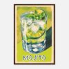 Refresco mojito con limón, hierbabuena y hielo en vaso transparente, dibujo artístico.