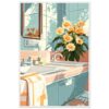6ab90c05-5701-41ce-86d7-dec77c5b971b.jpg Espejo con flores en tonos calidos en baño con azulejos de colores pastel - arte digital.