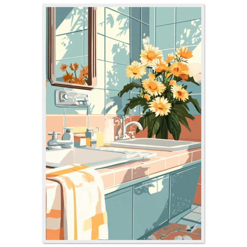 6ab90c05-5701-41ce-86d7-dec77c5b971b.jpg Espejo con flores en tonos calidos en baño con azulejos de colores pastel - arte digital.