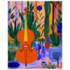 Bajo de violonchelo en un entorno de plantas y jarrones coloridos, estilo artístico vibrante y contemporáneo.