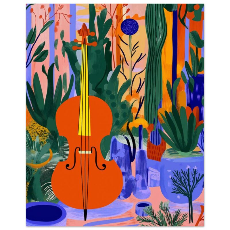 Bajo de violonchelo en un entorno de plantas y jarrones coloridos, estilo artístico vibrante y contemporáneo.