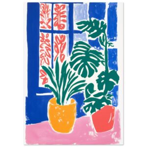 Comparte una vibrante pintura de plantas en jarrones con un fondo de ventana colorida.