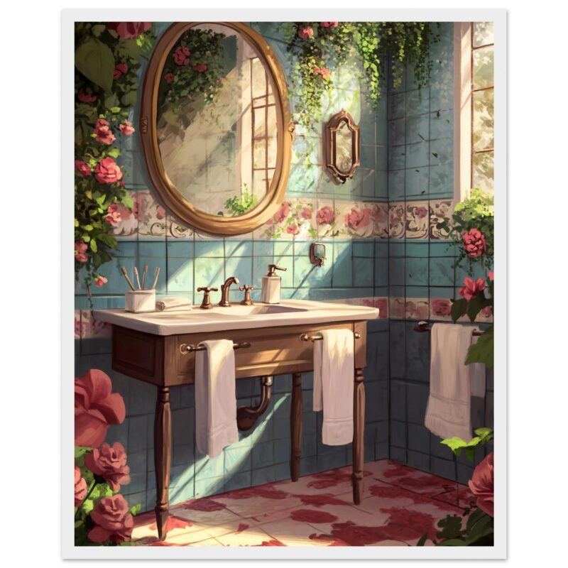 6b74d13c-6a9f-4094-9aaf-737a7d08d81c.jpg Reflejo en espejo antiguo en baño con azulejos florales y plantas, estilo pintura realista, decoración vintage y natural, luz cálida y ambiente acogedor.