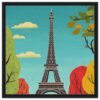 Dibujo digital de la Torre Eiffel con árboles otoñales y cielo azul, arte vectorial, estilo moderno para decoración urbana.