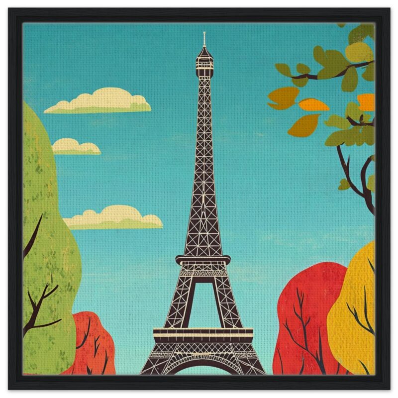 Dibujo digital de la Torre Eiffel con árboles otoñales y cielo azul, arte vectorial, estilo moderno para decoración urbana.
