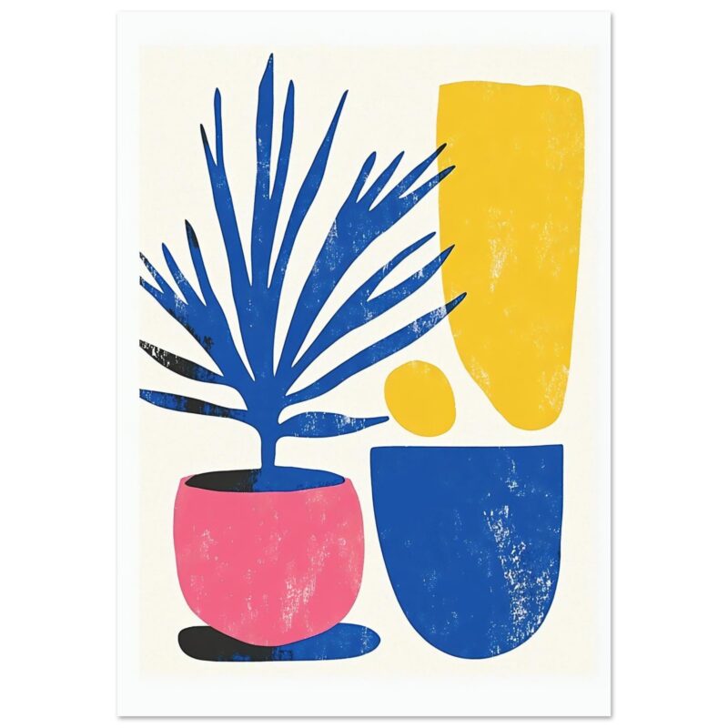 Vaso con planta abstracta moderna en colores amarillo, azul y rosa, diseño artístico y decorativo.
