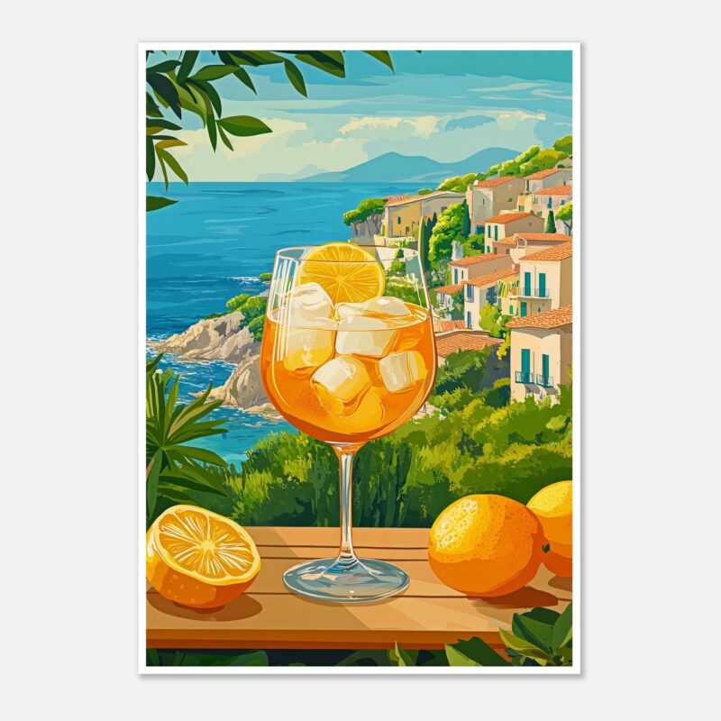 Refresco de limón con hielo, vista al mar y pueblo costero en estilo digital.