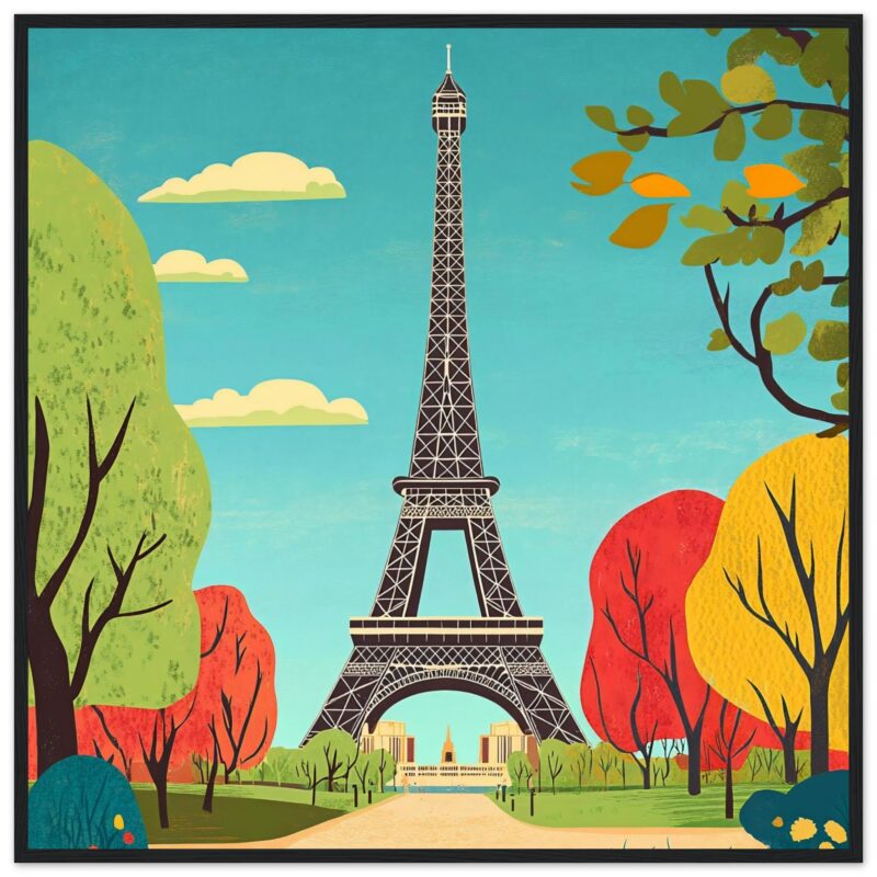 Kiosko en París, torre Eiffel, ilustración moderna, arte digital de París, paisaje urbano francés.