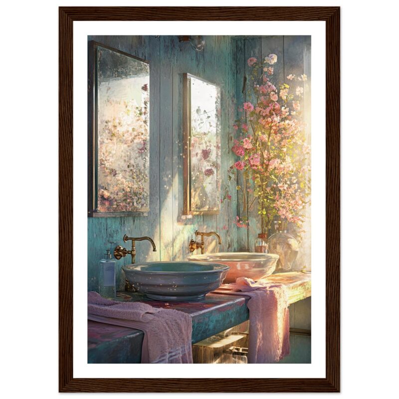 Luces suaves en un baño con lavabos de cerámica y flores rosas.
