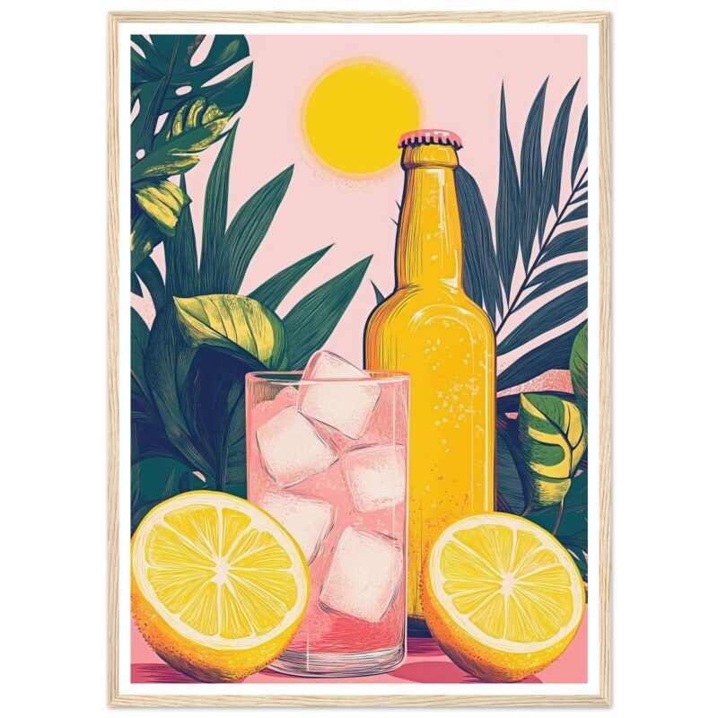 Vaso de jugo de limón con hielo y botella de cerveza en fondo tropical.