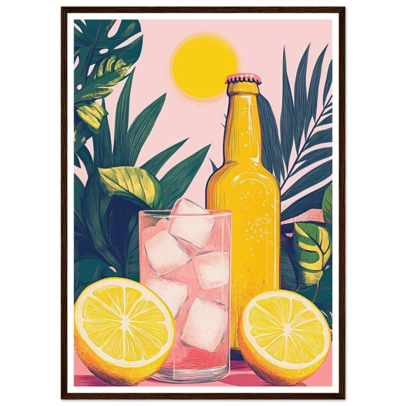 Bebida refrescante con limón y hielo, estilo ilustración moderna, perfecto para decoración.