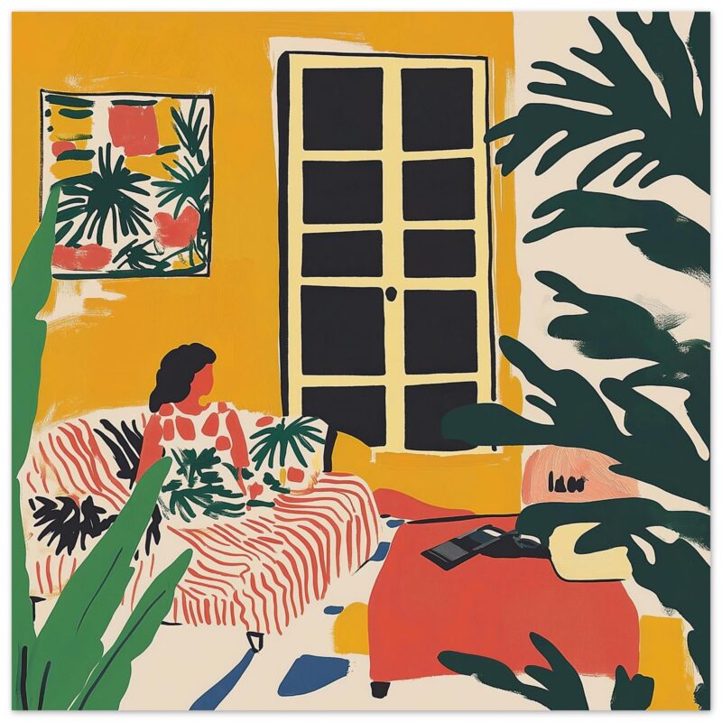 Colorido dibujo de interior con plantas y ventana, estilo artístico moderno y vibrante para proyectos de diseño y decoración.
