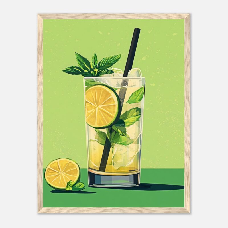 Refresco de limón y menta en vaso alto con hielo y pajilla, ilustración digital de estilo moderno.